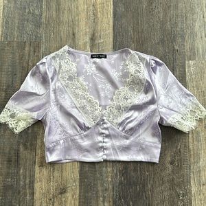 SHEIN Lace Trim Button Up Lilac Purple Scallop Cropped Satin Blouse Size Medium